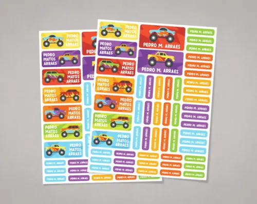 Etiquetas Escolares Monster Trucks em Adesivo Comum