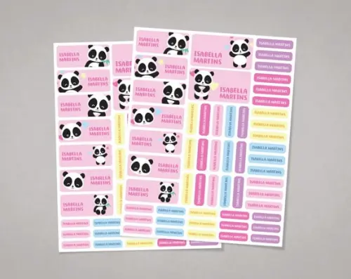 Etiquetas Escolares Panda Rosa em Adesivo Comum