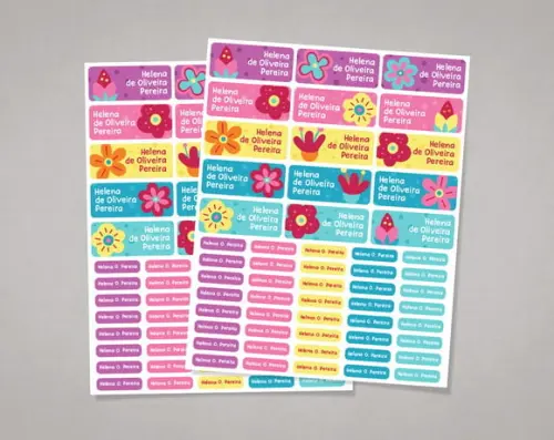 Etiquetas Material Escolar Flores Coloridas em Adesivo Comum
