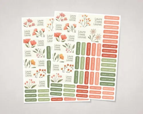 Etiquetas Material Escolar Flores Aquareladas em Vinil