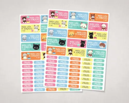 Etiquetas Material Escolar Gatinhos Candy Colors em Vinil