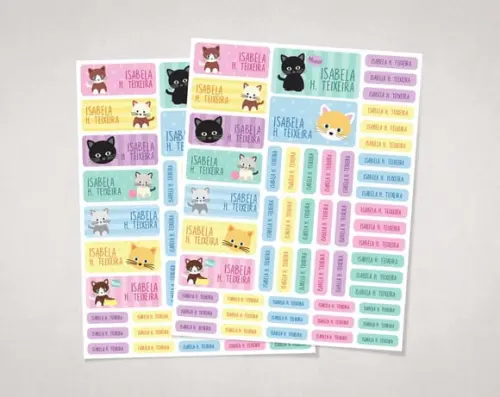 Etiquetas Material Escolar Gatinhos Candy Colors em Vinil