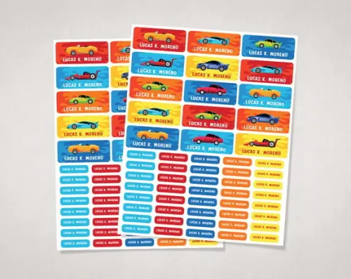 Etiquetas para Material Escolar Carrinhos de Corrida Vinil