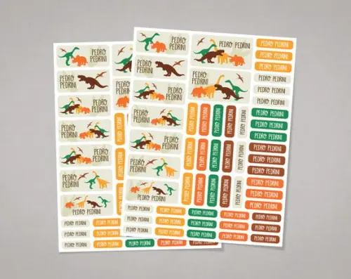 Etiquetas para Material Escolar Dinossauros em Adesivo Comum