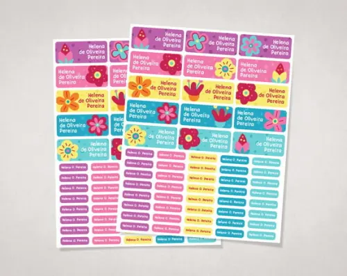 Etiquetas para Material Escolar Flores Coloridas em Vinil