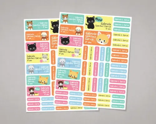 Etiquetas para Material Escolar Gatinhos em Adesivo Comum
