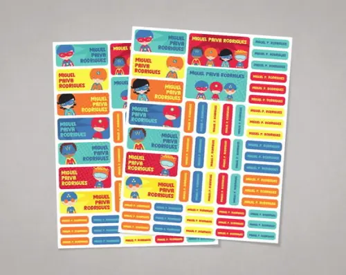 Etiquetas para Material Escolar Heróis em Adesivo Comum