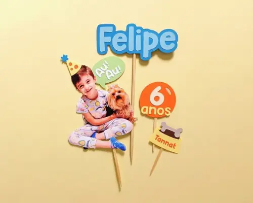 Topo de Bolo Cachorro com Aniversariante Foto Grande
