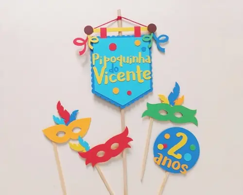 Topo de Bolo Carnaval Folia Pipoquinha Estandarte e Máscaras