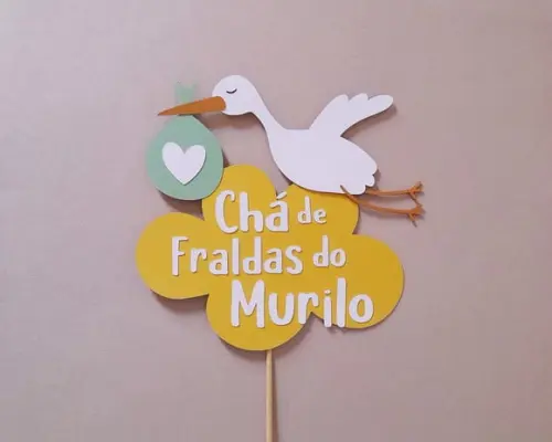 Topo de Bolo Chá de Bebê Cegonha com Texto Personalizado
