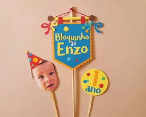 Topo de Bolo Estandarte Bloquinho com Foto de Rostinho
