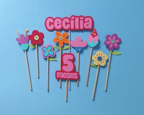 Topo de Bolo Flores Coloridas Primavera com Nome e Idade