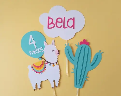 Topo de Bolo Lhama e Cacto