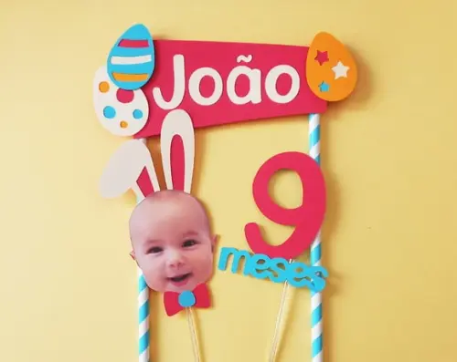 Topo de Bolo Páscoa Coelhinho com Foto de Rostinho Menino