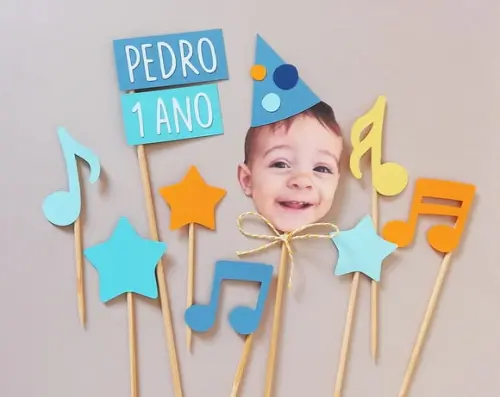 Kit Topo de Bolo com Foto, Nome e Idade Música
