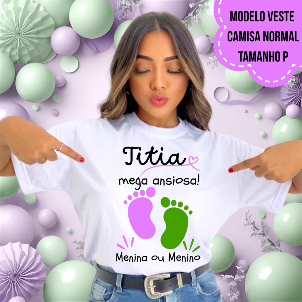 Camiseta Titia Mega Ansiosa Pezinhos Chá Revelação