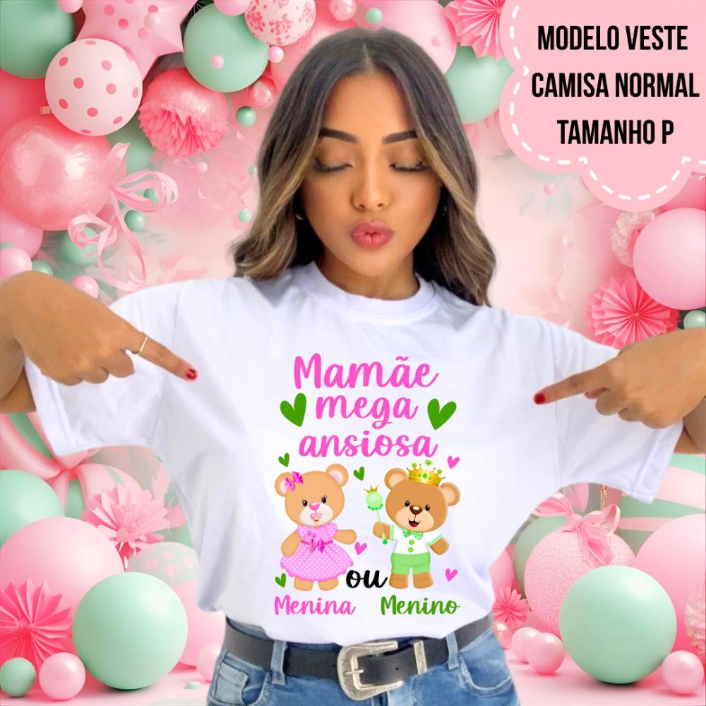 Camiseta Mamãe Mega Ansiosa Ursinhos Rosa E Verde