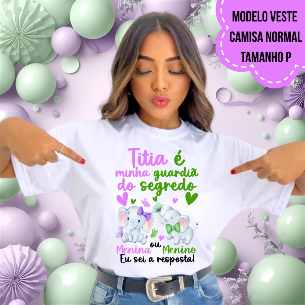 Camiseta Titia Guardiã Do Segredo Elefantinhos Lilás E Verde