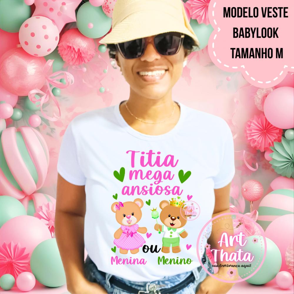 Camiseta Titia Mega Ansiosa Ursinhos Rosa E Verde
