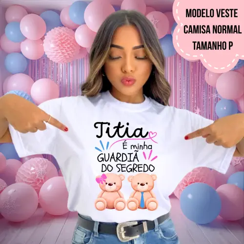 Camiseta Titia Guardiã Do Segredo Ursinha Lacinho Rosa E Ursinho Gravata Azul