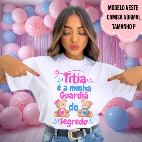 Camiseta Titia Guardiã Do Segredo Ursinhos Rosa E Azul Coração