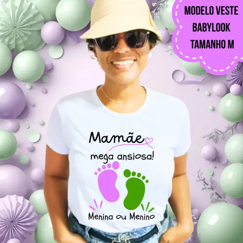 Camiseta Mamãe Mega Ansiosa Pezinhos Lilás E Verde