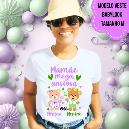 Camiseta Mamãe Mega Ansiosa Ursinhos Lilás E Verde