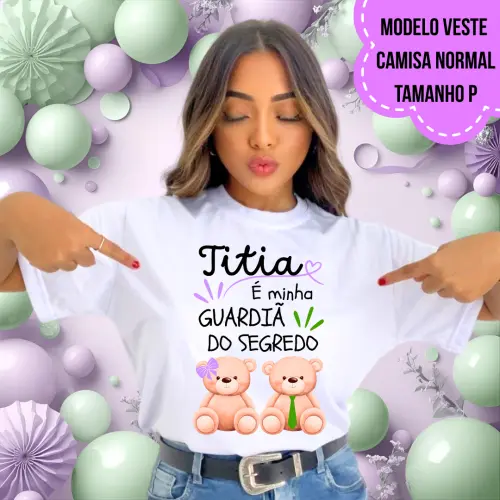 Camiseta Titia Guardiã Do Segredo Ursinha Lacinho Lilás E Ursin