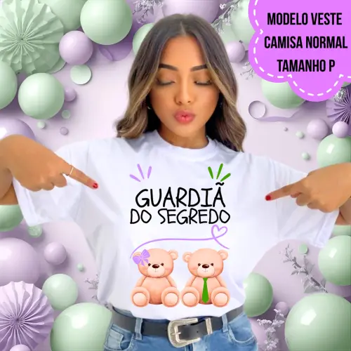 Camiseta Guardiã Do Segredo Ursinha Lacinho Lilás E Ursinho Gravata Verde