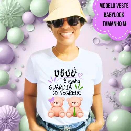 Camiseta Vovó Guardiã Do Segredo Ursinha Lacinho Lilás E Ursinho Gravata Verde
