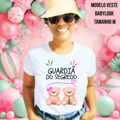 Camiseta Guardiã Do Segredo Ursinha Lacinho Rosa E Ursinho Gravata Verde