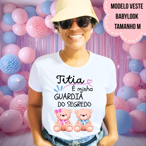 Camiseta Titia Guardiã Do Segredo Ursinhos Babador Rosa E Azul