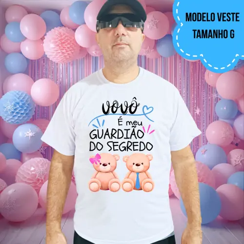 Camiseta Vovô Guardião Do Segredo Ursinha Lacinho Rosa E Ursinho Gravata Azul