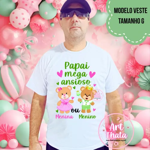 Camiseta Papai Mega Ansioso Ursinhos Rosa E Verde