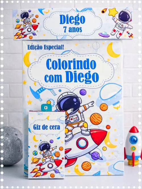 Kit Colorir Com Giz De Cera Personalizado Astronauta (Fazemos Qualer Tema)