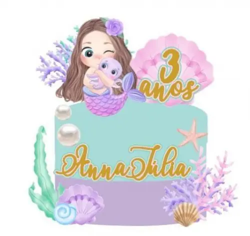 Arquivo de corte topo de bolo Sereia Cute Aquarela