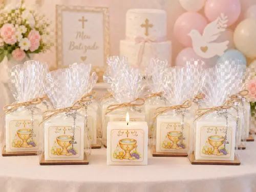 Lembrança Batizado Vela Personalizada com Mini Terço