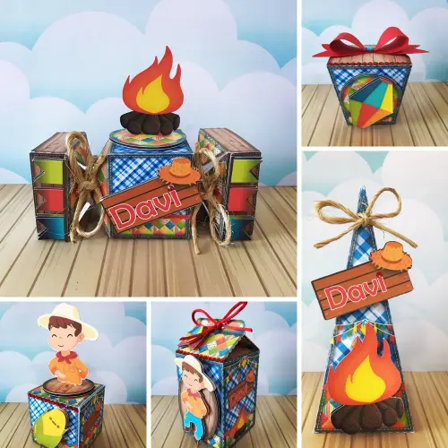 Kit Festa Junina Menino 04 Personalizado Luxo | Caixinhas Decoradas Premium | 15 Peças