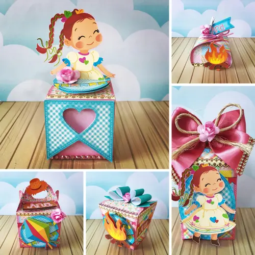 Kit Festa Junina Menina 01 Personalizado Luxo | Caixinhas Decoradas Premium | 20 Peças