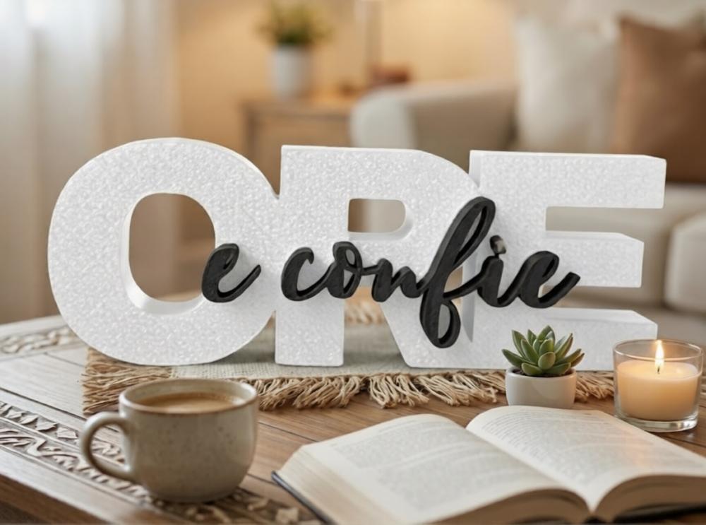 Letreiro de Mesa Bíblico Ore e Confie, Decoração Religiosa de 