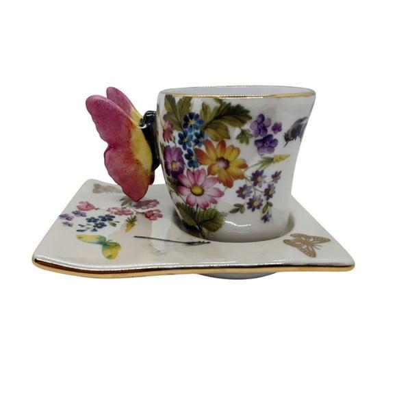 Xícara de Porcelana com Pires - Tema Borboleta / com Ouro
