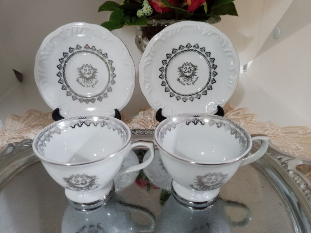 Par de Xícaras de Café 70ml para Bodas de Prata – Porcelana P