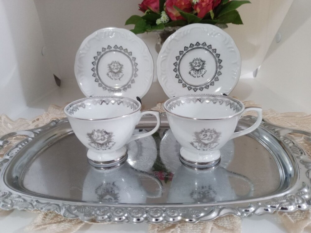 Par de Xícaras de Café 70ml para Bodas de Prata – Porcelana P