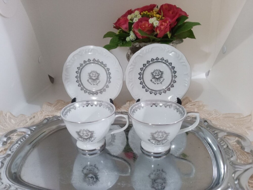 Par de Xícaras de Café 70ml para Bodas de Prata – Porcelana P