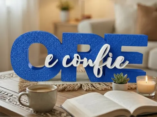 Letreiro de Mesa Bíblico Ore e Confie, Decoração Religiosa de 