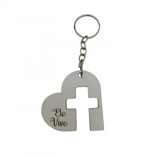 Chaveiro em mdf Branco - Ele Vive - Cruz e Coração - Páscoa