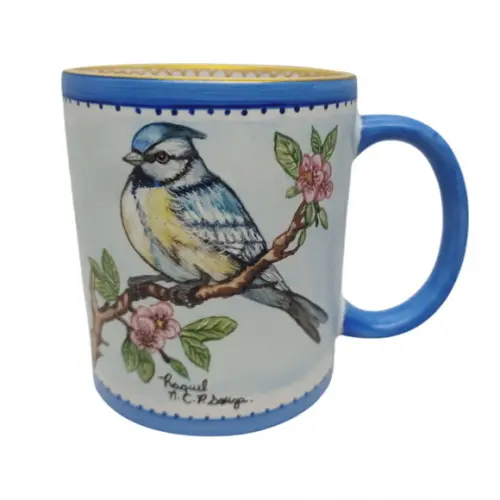 Caneca de Porcelana Pintada à Mão - Pássaro Azul ? Peça Única