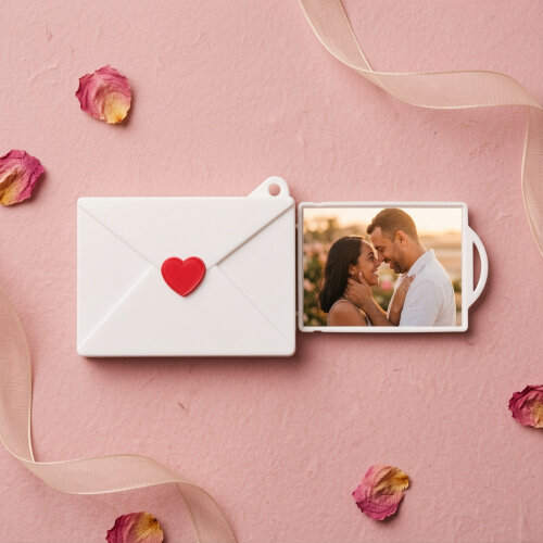 Chaveiro Envelope para Foto ou Mensagem – Porta Retrato Retrátil com Coração