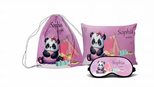 Kit Festa Panda Festa do Pijama Mochilinha Almofada Máscara