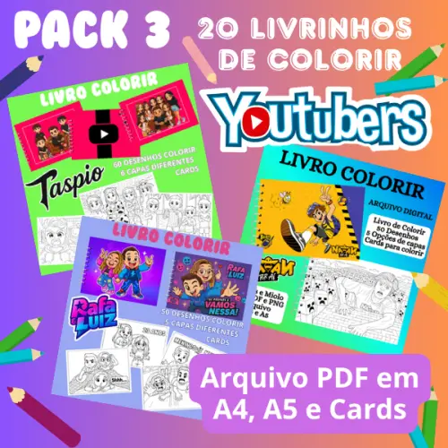 PACK 3 – 20 LIVRINHOS DE COLORIR DE YOUTUBERS - Arquivo PDF para Impressão